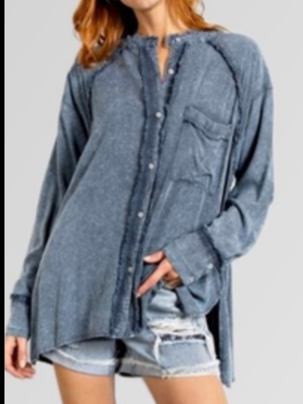 easel Summer Breeze Mineral-Washed Slate Blue Button-Front Tunic Side Slits, S